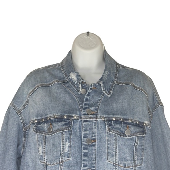 Liverpool Faded Blue Distressed Wide Long Sleeve Crop Denim Jean Jacket Medium - Picture 4 of 15